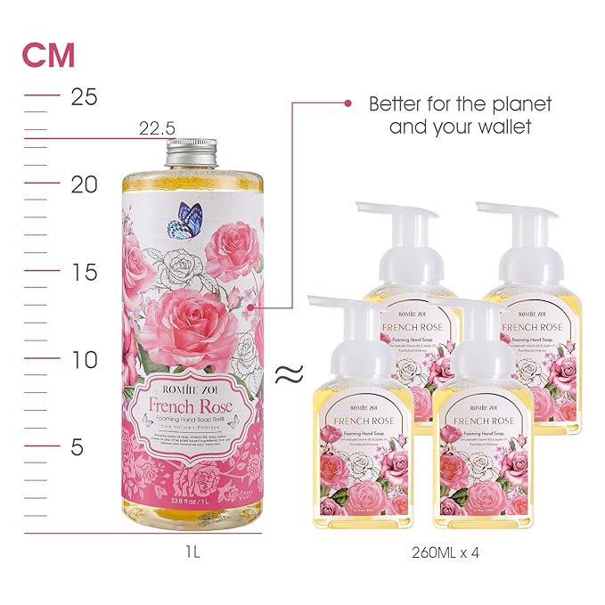 Rose Foaming Hand Soap Refill Gift Set – 3 Pack (33.8 Fl Oz Each) with Refillable Dispenser, Romantic Floral Scent, Moisturizing & Biodegradable for Bathroom, Kitchen, Sensitive Skin