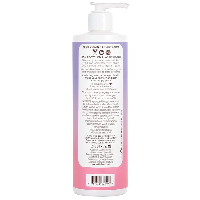 Pacifica Beauty Lavender Moon Body Wash with Pump, Bath and Shower Gel, Hyaluronic Acid, Rose, Chamomile, Moisturizing, Hydrating, Cleansing, Soothing, Calming, Relaxing, Vegan, 12 fl oz (1 Count)