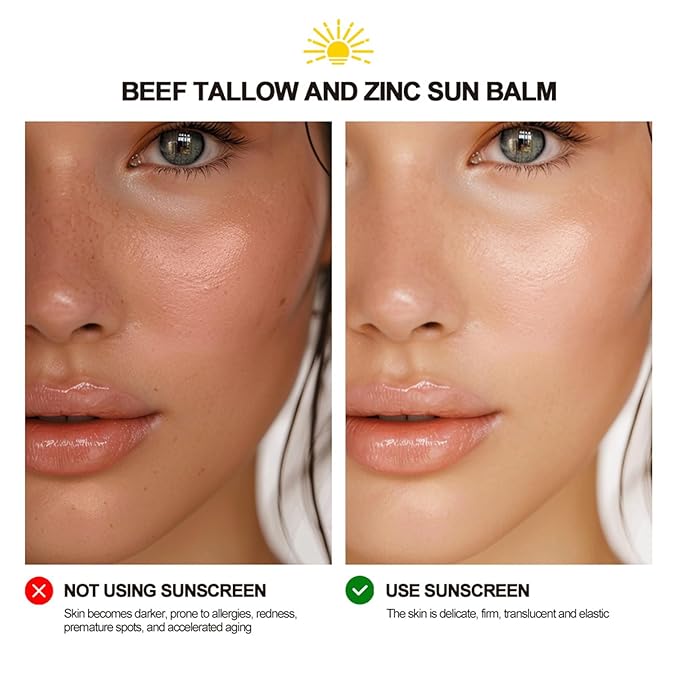 Beef Tallow and Zinc Sun Balm - Beef Tallow for Skin Instant Sun Protection, Beef Tallow Sunscreen for Face and Body Non Greasy Formula, Beef Tallow Moisturizer Daily Use for Deep Moisturizing 2 Oz