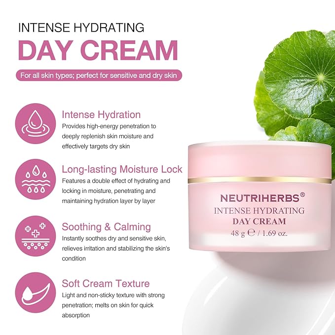 Neutriherbs Intense Hydrating Day Cream,Face Moisturizer with Hyaluronic Acid,Shea Butter,Centella,Sooth Nourish Moisturize Skin,Lightweight Face Cream for Dry or Sensitive Skin - 1.69oz