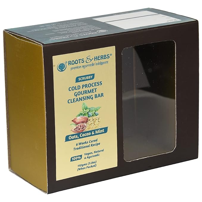 ROOTS AND HERBS Cold Process Gourmet Cleansing Bar Oats, Cacao & Mint Scrubby Body Soap 100% Vegan, Natural & Ayurvedic Gluten Free Soap Suits for All Skin Types for Men & Women - (110 gms/3.8 oz)