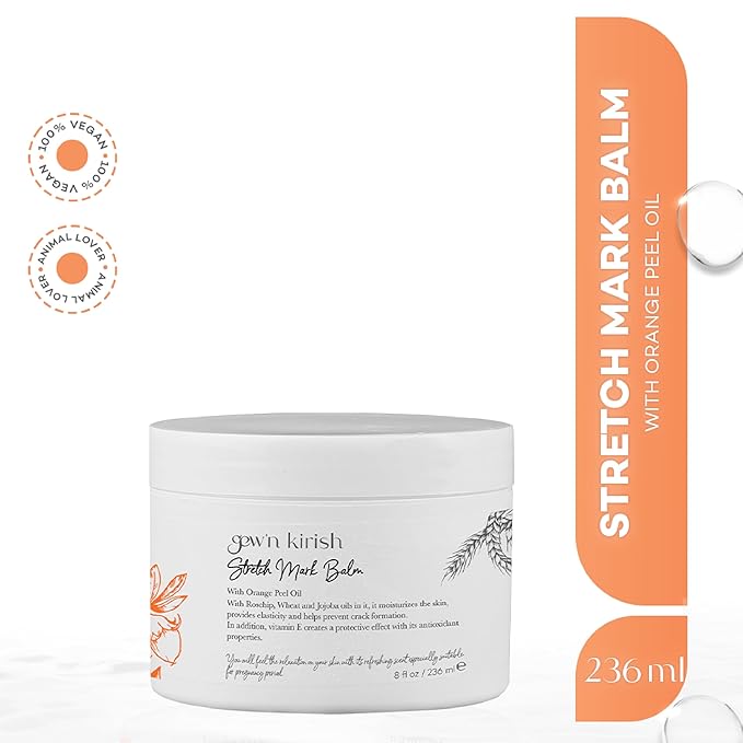GEW’N KIRISH Natural Stretch Mark Balm – Pregnancy-Safe Moisturizer with Shea Butter, Orange Peel Oil & Jojoba | Non-Greasy, Petrolatum-Free, Whole Body Use, 8 oz