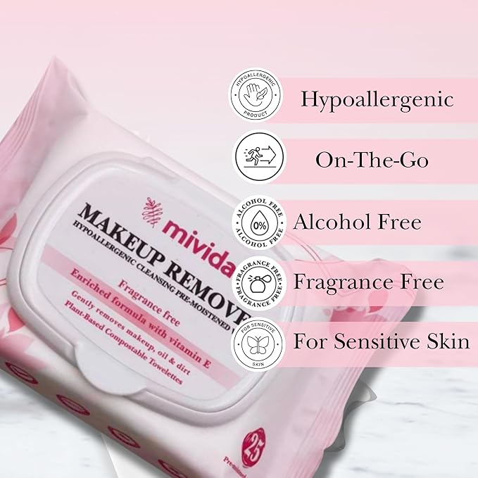 mivida Hypoallergenic Makeup Remover Wipes | Dermatologist-Tested, Biodegradable, Fragrance-Free with Vitamin E | Gentle on Sensitive Skin, 25 Count