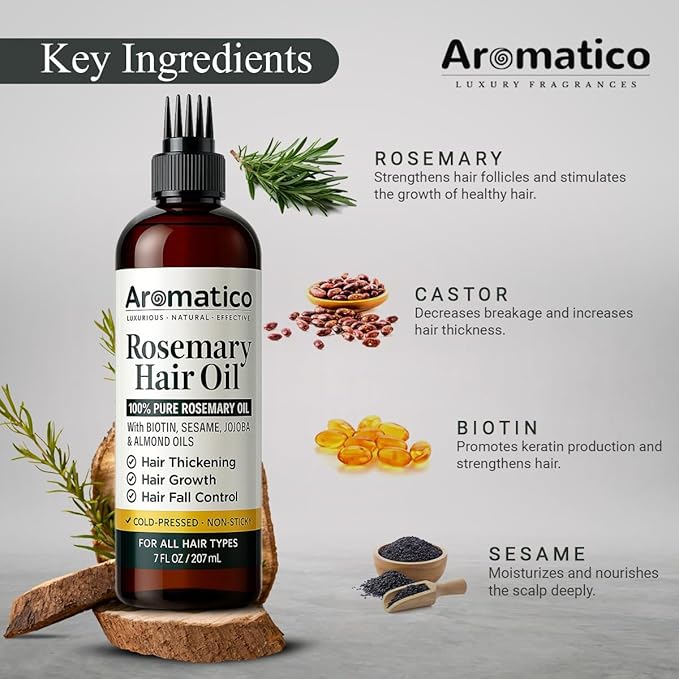 100% Pure Rosemary Oil for Hair Growth, Hair-fall Control & Hair Thickening. Enriched with Sesame, Jojoba & Almond Oils. Non-Sticky Texture. With Applicator Cap - 7 Fl Oz