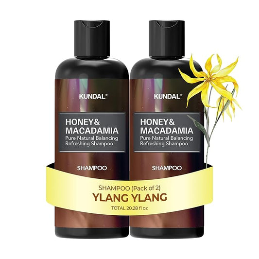 KUNDAL Natural Hair Shampoo [Ylang Ylang Scent] Ultimate Damage Hair Repair Strengthen, Nourish dry, with Honey, Argan Oil, Macadamia Oil, Free Paraben & Sulfate 600ml (300ml x2ea) 20.28 Fl Oz
