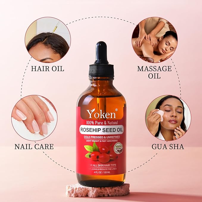 Yoken Rosehip Seed Oil For Face,100% Pure Rosehip oils For Skin,Scars,Hair & Nails.4 fl Oz Cold Pressed Rose Hips Oil For Skin Care, Anti-Aging, Scar Treatment, GUA SHA Massage DIY (4 Fl Oz)