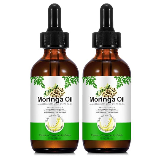 2Pack Moringa Oil 2.02 fl.oz, Pure Natural Organic Cold-Pressed Glass Bottle Moringa Oil for Hair Growth, Moringa Seed Oil for Face, Skin & Body Care, Anti-Aging, Nourish Hair, Scalp & Body Massage