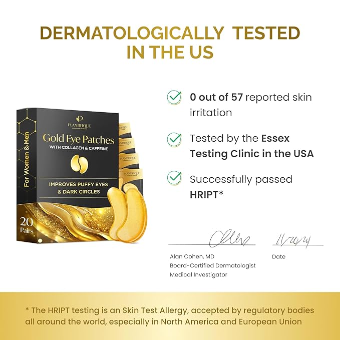 PLANTIFIQUE Gold Eye Patches for Puffy Eyes | 20 Pairs | Gifts | Under Eye Masks for Dark Circles | Puffiness Eye Gels | Eye Mask Skincare