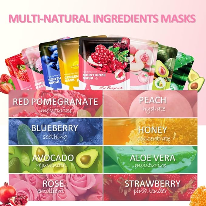 8 Pack Face Sheet Mask Skincare,Hydrating Face Mask For Sensitive Skin,Moisturize,Soothing,Nourish for All Skin Types,Natural Spa Party Facial Mask Skincare Set for Women Men Girls