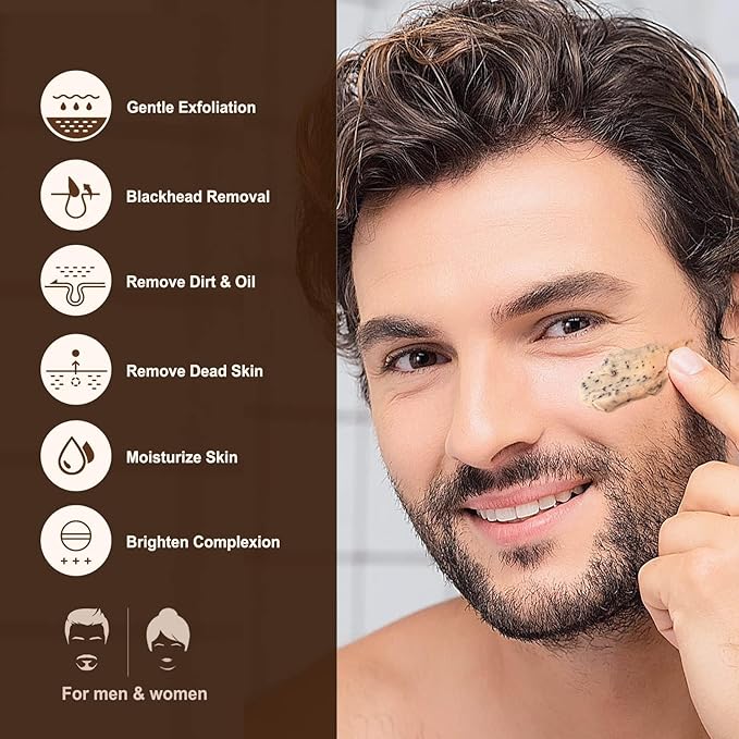 JVR Face Scrub for Men, Facial Scrub for Deep Exfoliating, Cleansing, Removing Blackheads, Ingrown Hair, Pre-shave Soften, Organic Formulated with Coffee Extract, AHA and BHA Face Exfoliator (4.23 oz)