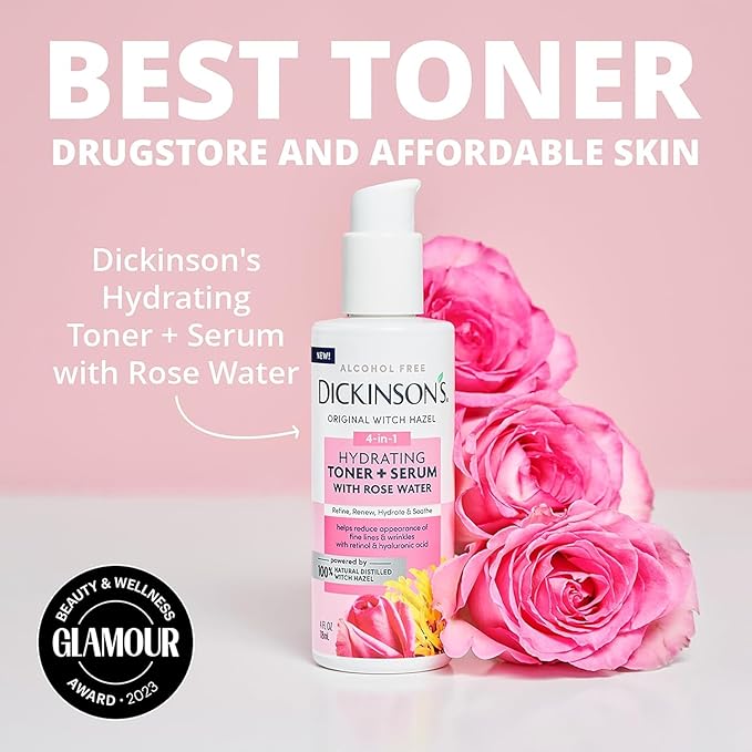 Dickinson's Original Witch Hazel Hydrating Toner + Serum with Rose Water | 100% Natural Distilled Witch Hazel | Alcohol-Free | Hydrates, Tones, Renews, and Soothes Skin | 4 Fl Oz