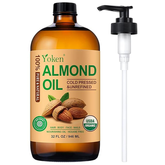 Yoken Organic Almond Oil 32 fl oz 100% USDA Pure Cold Pressed Glass Bottle Almond Oils for Skin, Hair, Face, Body Moisturizer, Smooth and Soft Skin, Base Carrier Oil for DIY, Massage