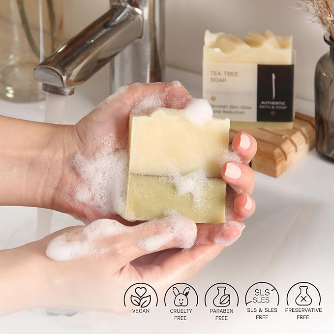 AUTHENTIC BATH & SOAP - Tea Tree Soap Bar X2 - Unscented Organic Soap, Fresh for Sensitive Skin, Tea Tree Face Wash, Cruelty Free & Vegan, Fragrance Free. (2PK) 4.2 Oz Each