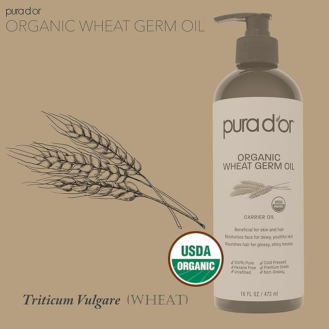 PURA D'OR ORGANIC Wheat Germ Oil (16 Oz x3 = 48 Oz) 100% Pure & Natural USDA Certified Cold Pressed Carrier Oil - Vitamin E Rich, Moisturizing & Nourishing Anti-Aging Properties - Healthy Hair Growth