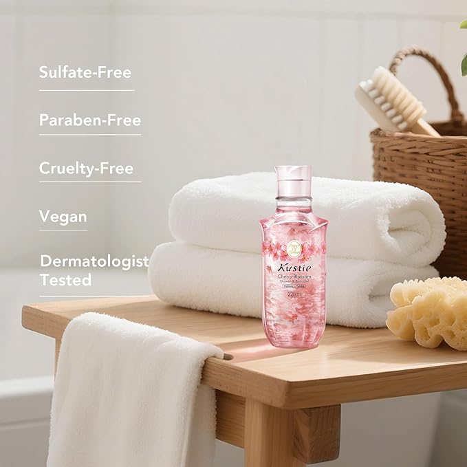 Kustie Cherry Blossom Petal Body Wash with Niacinamide & Real Flower Extracts – Brightening & Hydrating Perfume Shower Gel with Antioxidants, Amino Acids & Long-Lasting 24H Floral Fragrance, 7.4 fl oz