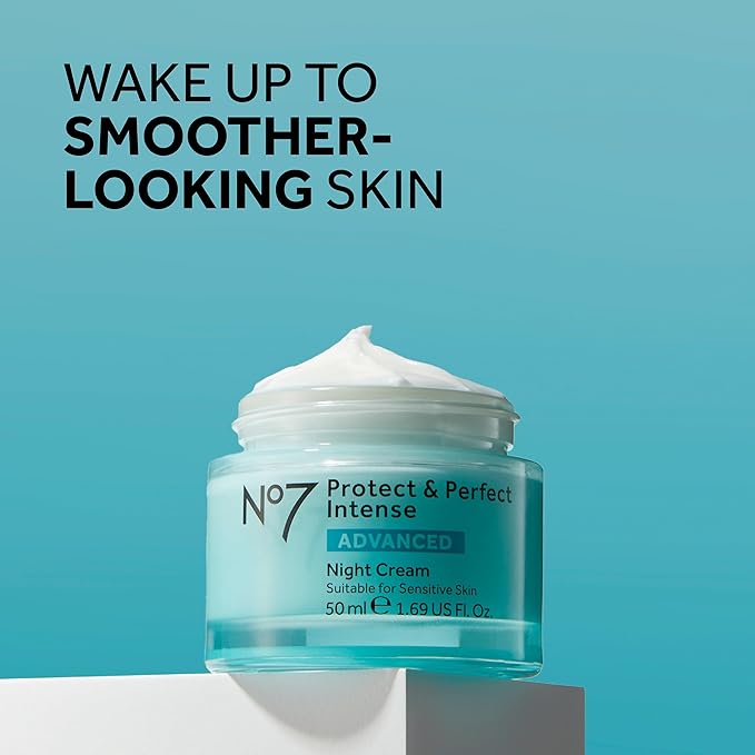 No7 Protect & Perfect Intense Advanced Night Cream - Vitamin E & Shea Butter Face Cream - Fine Line Reducing Moisturizer with Collagen Peptide Technology (1.69 fl oz)