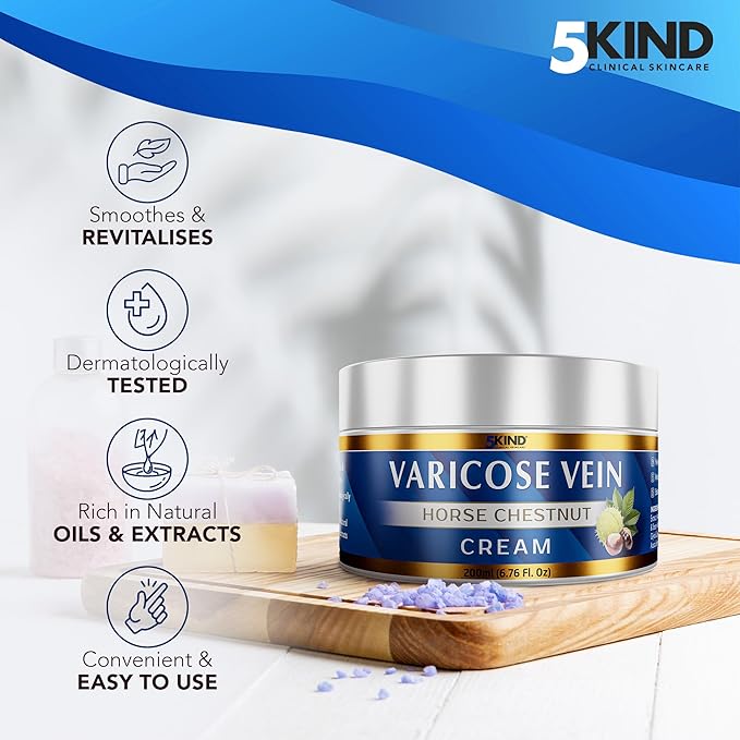 Varicose Veins Treatment for Legs 6.76 Fl Oz - Horse Chestnut Cream for Varicose Veins with Zinc, Avocado & Arnica - Improve the Appearance & Feel of Varicose Veins - Varicose Veins Cream by 5Kind