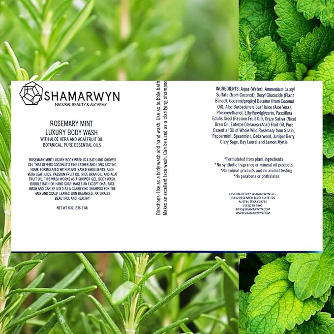 shamarwyn Body Wash, Rosemary Mint, Natural-Organic Hydrating with Aloe Vera & Acaí Oil 8oz