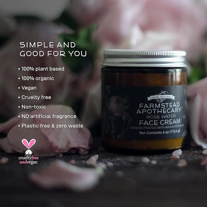 Farmstead Apothecary 100% Natural Anti-Aging Face Cream with Jojoba Oil, 4 oz (Rose Water)