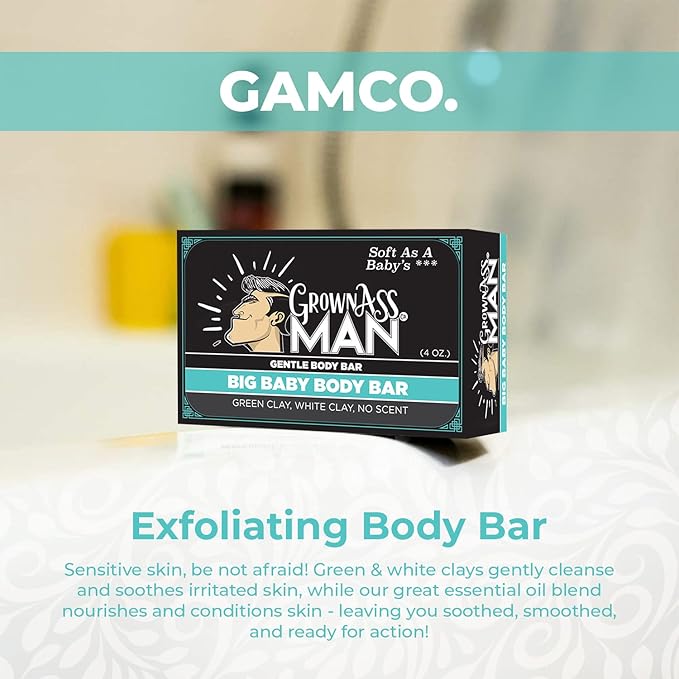 Grown Ass Man Co. Body Bars - Solid Soap with Natural Oils & Soothing Clay - Plastic Free & Eco-Friendly, Natural & Organic for All Skin Types, 4oz Bar - Big Baby, 6-Pack