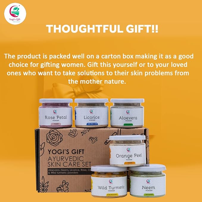YOGI’S GIFT – Celebrating health Ayurvedic Skin Care Sampler | Six Powders in One Pack | Aloe vera, Rose petal, Wild Turmeric, Licorice, Neem & Orange Peel Powders 1oz Each | Soap Making Ingredient