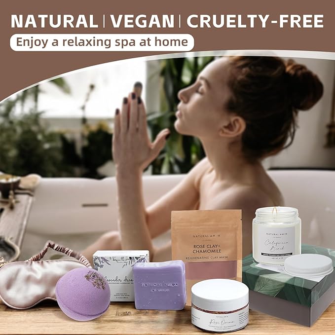 Natural Amor Handmade Bath Body Gift Set,6 pcs Self Care Gift for Women,Includes Soap Bar, Bath Bomb, Clay Mask, Candle- Thank you Gift for Pampering