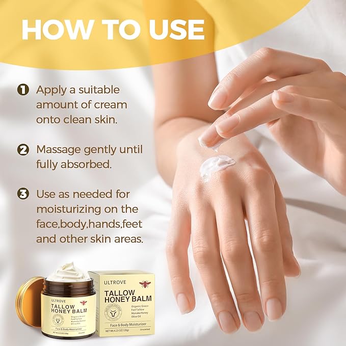 Beef Tallow and Honey Balm for Skin, Natural Face + Body Moisturizer with Organic Grass-Fed Beef Tallow & Raw Wild Honey for Dry & Sensitive Skin, 4.23oz