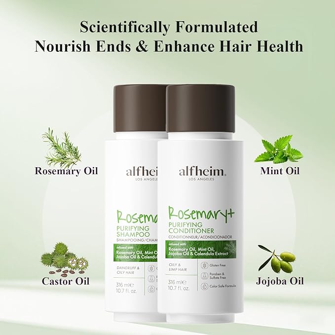 Alfheim Rosemary+ Purifying Shampoo & Conditioner Set | Rosemary & Peppermint Oil for Scalp Refresh & Oil Control | Jojoba & Calendula for Hydration & Shine | Sulfate-Free, Color-Safe | 10.7 oz Each