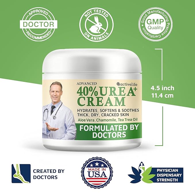 Urea Cream 40 Percent for Feet, Formulated by Doctors, Foot Cream for Dry Cracked Heels, Foot Callus Remover, Rehydrates Dry, Rough, Dead Skin on the Feet, Hands, and Elbows, Free Pumice