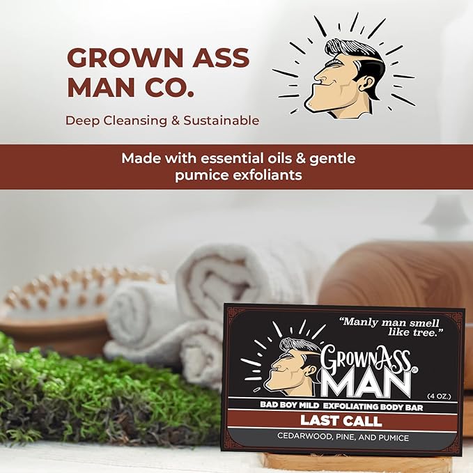 Grown Ass Man Co. Exfoliating Body Bars - Solid Soap with Natural Oils & Gentle Scrub - Plastic Free & Eco-Friendly, Natural & Organic for All Skin Types, 4oz Bar - Last Call - Mild Exfoliant, 6-Pack