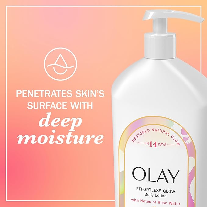Olay Body Lotion for Women, Effortless Glow, Restore Natural Glow, 24hr Moisturizing & Deep Hydration, Absorbs Instantly, Penetrating Vitamin B3 Complex, For All Skin Types, Rose Water Scent, 18 fl oz