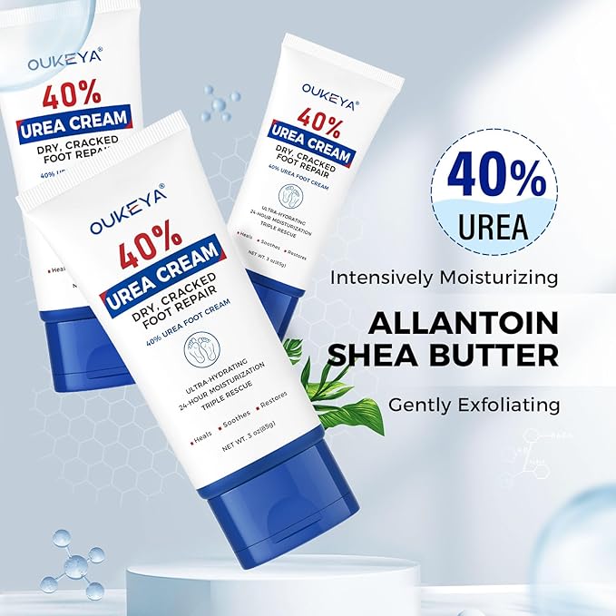 OUKEYA Urea Cream 40 Percent Tube 3 Oz, Urea Foot & Hand Cream for Dry Cracked, 40 per Urea Lotion for Feet Maximum Strength 3 Ounce(Pack of 3)
