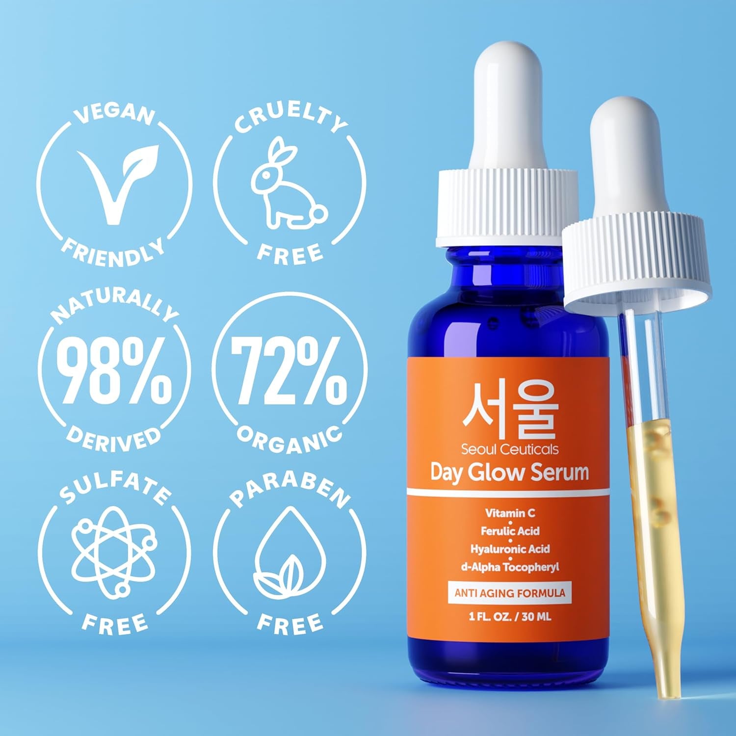 Korean Vitamin C Serum 20% with Hyaluronic Acid + CE Ferulic – Anti Aging & Anti Wrinkle Korean Skin Care for Face, Brightening Serum, 1 Fl Oz