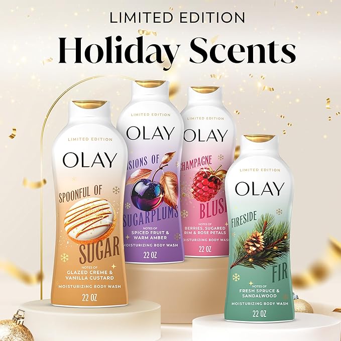 Olay Body Wash for Women, Hydrating & Moisturizing, Holiday Edition, With Plant Based Cleansers, B3 Complex, For All Skin Types, Spoonful of Sugar with Glazed Crème & Vanilla Custard Scent, 22 fl oz