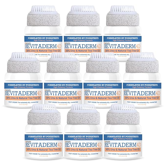 Revitaderm 4D Urea Cream 40% for Feet, Intensive Moisturizing Foot Cream for Dry, Rough, Callused Skin, Includes Free Pumice Stone and Exfoliating Brush, Fast-Absorbing, Fragrance-Free, 4oz, 10 Pack