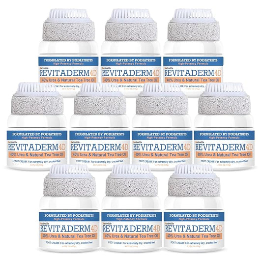 Revitaderm 4D Urea Cream 40% for Feet, Intensive Moisturizing Foot Cream for Dry, Rough, Callused Skin, Includes Free Pumice Stone and Exfoliating Brush, Fast-Absorbing, Fragrance-Free, 4oz, 10 Pack