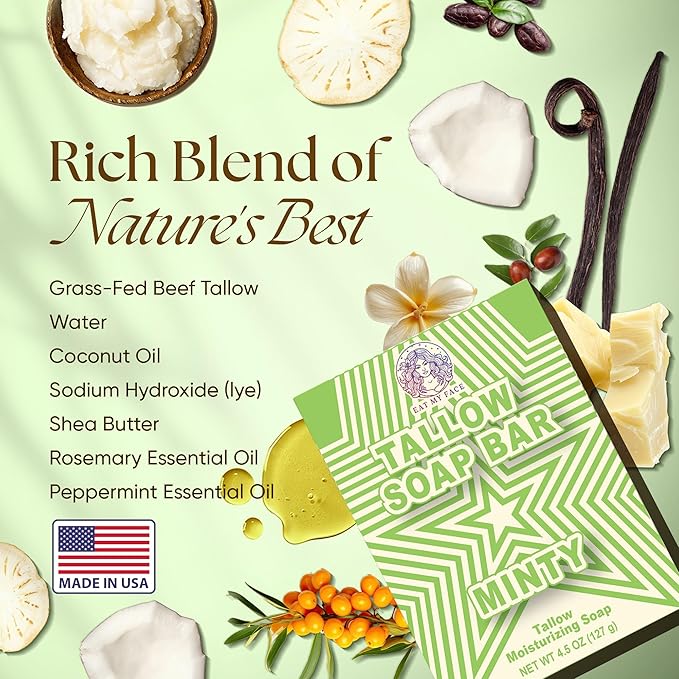 Beef Tallow Soap Bar Grass Fed – Organic Body Soaps, Face Tallow Soap Bar for Women – All Natural Soaps for Sensitive Skin, Moisturizing & Nourishing Cleanser for All Skin Types, In Minty Scent