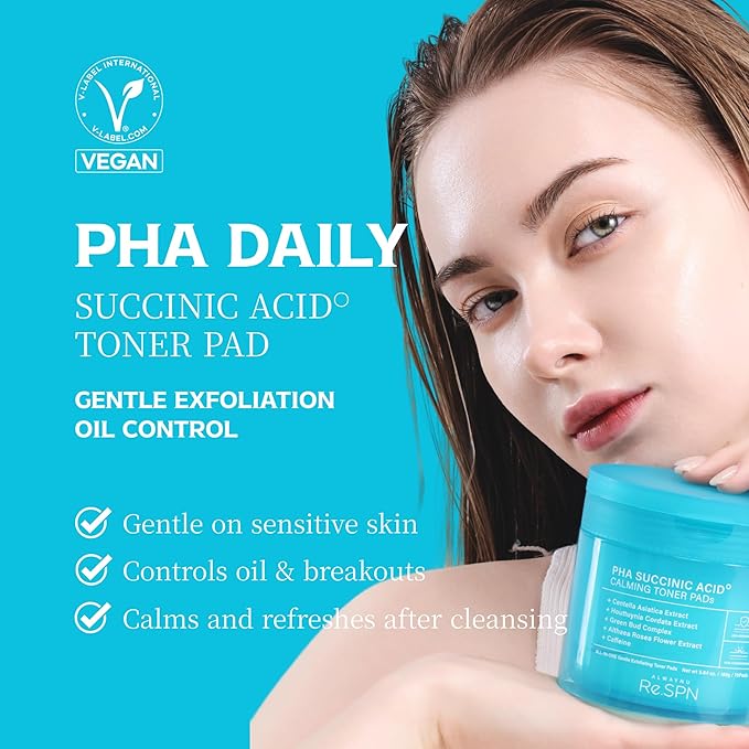 Re.SPN PHA Succinic Acid Calming Toner Pads – Daily Exfoliating, Hydrating and Soothing with CICA, Caffeine, Non-comedogenic, Vegan, Glass Skin, K-Beauty (70 Count)