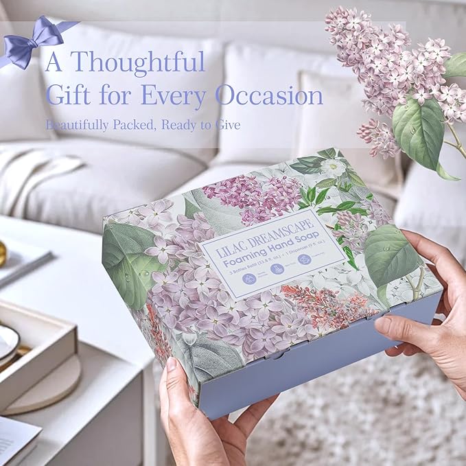 Lilac Foaming Hand Soap Refill Gift Set – 3 Pack (33.8 Fl Oz Each) with Refillable Dispenser, Soft Floral Scent, Moisturizing, Biodegradable & Chemical-Free Formula for Bathroom, Kitchen