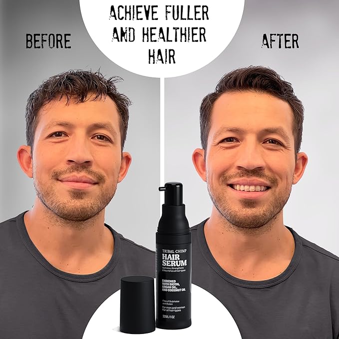 Tribal Chimp 1oz Hair Serum for Day and Night Hair Care - Argan Oil, Coconut Oil, and Biotin for Dry, Frizzy, and Damaged Hairs - Hydrating, Nourishing and Strengthening Serum