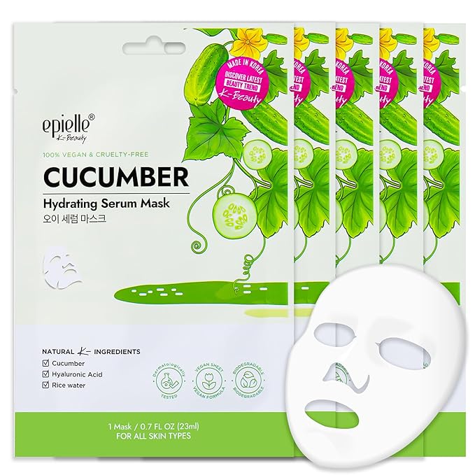 Epielle Cucumber Hydrating Serum Sheet Masks (5pk) | Korean Skincare | Facial Sheet Mask | Kbeauty, Spa Gifts for Women
