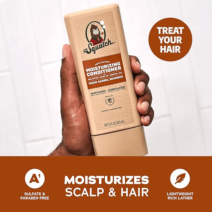 Dr. Squatch Natural Hair Bundle for Men - Healthy, Full Looking Hair - Wood Barrel Bourbon Shampoo (11 fl oz), Wood Barrel Bourbon Conditioner (11 fl oz)