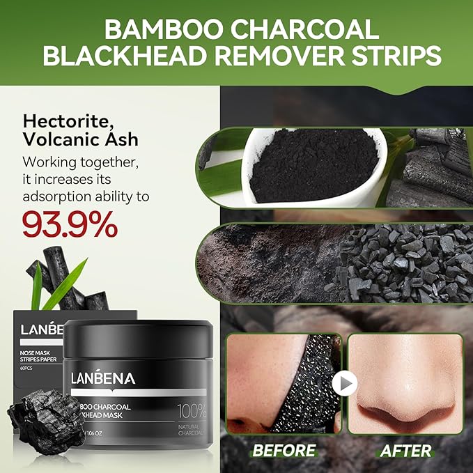 LANBENA Upgraded 2.0 Bamboo Charcoal Blackhead Remover Mask - 60 Nose Strips, Peel off & Purify Pores, Deep Cleanse for All Skin Types