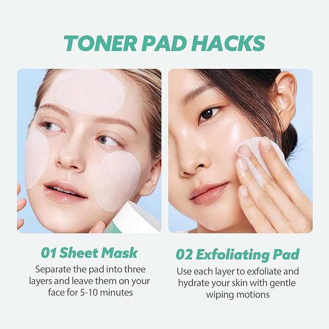 milktouch Green Hyaluron Toner Pads - Hydrating & Soothing Facial Pads w/Hyaluronic Acid & Centella Asiatica for Sensitive Skin, Pore Care, Daily Use, Calming, Moisturizing, Korean Skincare 60pcs