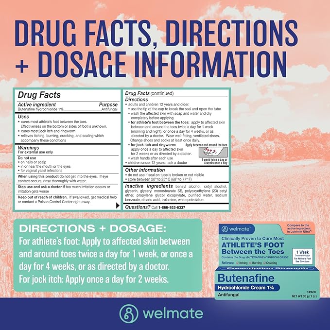 WELMATE - Athletes Foot Treatment Extra Strength - Antifungal Cream - Butenafine Hydrochloride - Relief from Ringworm, Athlete's Foot & Jock Itch - Foot Care - Nail Fungus Treatment For Toenail - 3 Pk