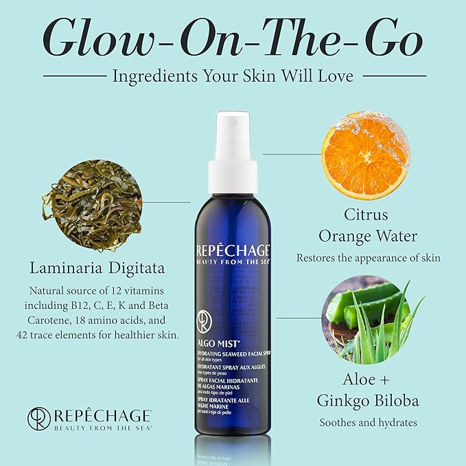 Repechage Algo Mist Hydrating Seaweed Facial Spray for All Skin Types - Hydrating Face Mist Travel Size, Aloe and Vitamin C Infused Keeps Skin Glowing, Hydrated, Refreshed and Nourished, 2 fl oz.