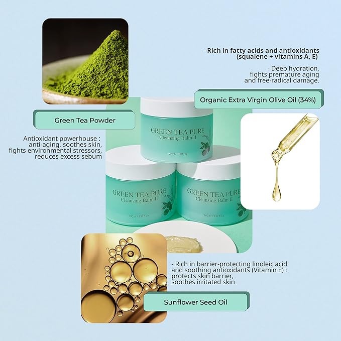 YADAH Green Tea Cleansing Balm II (3.38fl oz) - Makeup Remover, Moisturizing, Residue-Free. Korean Skin Care. Vegan, For Sensitive Skin, Botanical oil extract.