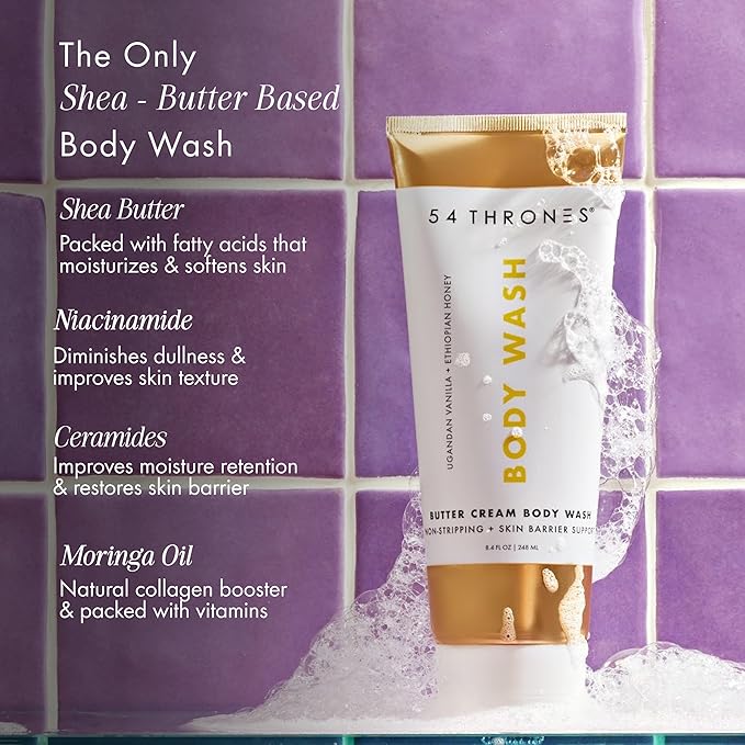 54 Thrones Non-Stripping Butter Cream Body Wash, Shea Butter Body Wash, Exfoliating & Moisturizing Liquid Soap, Ugandan Vanilla + Ethiopian Honey