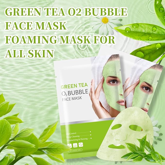 10 Sheets Face Masks Skincare O2 Bubble Green Tea Face Mask, Cleaner Bubble Sheet Masks Foaming Purifying Facial Mask for Pores, Moisturizing Spa Face Masks Skin Care For All Skin Type