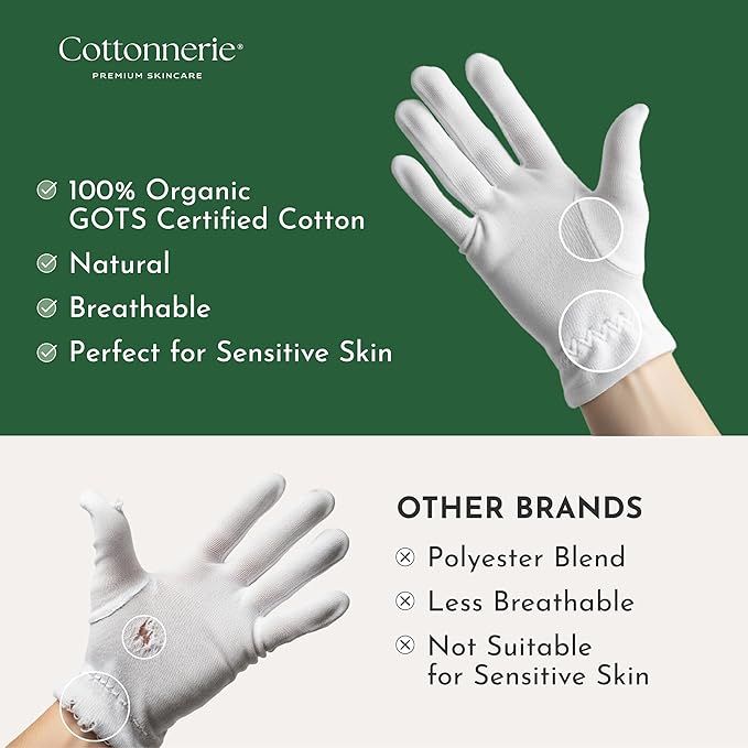 Cottonnerie Organic Cotton Gloves for Dry Hands Sleeping, Moisturizing Gloves Overnight, Hand Moisturizer Gloves, Moisture Gloves for Dry Hands Overnight, Sleeping Gloves, Medium 4 Pairs